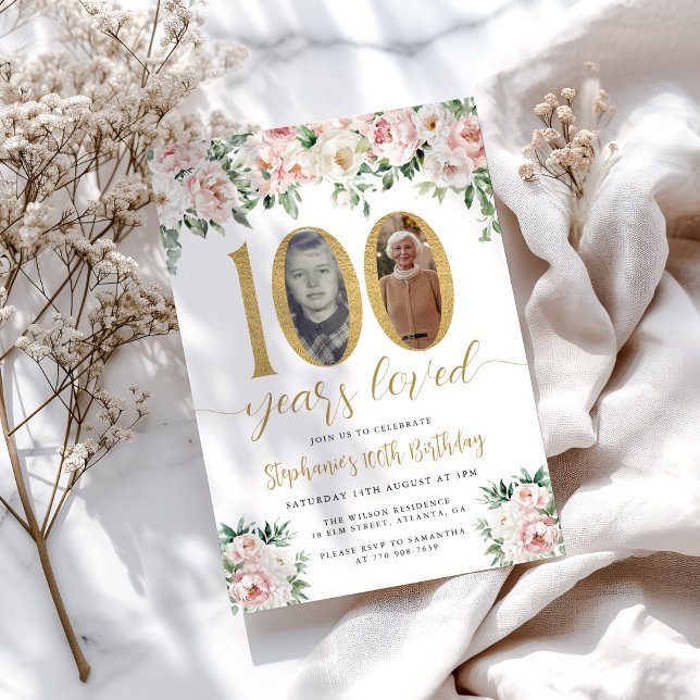 Blush Pink Floral Photo 100th Birthday Invitation (Créateur téléchargé)