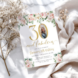 Blush Pink Floral Photo 30th Birthday Invitation