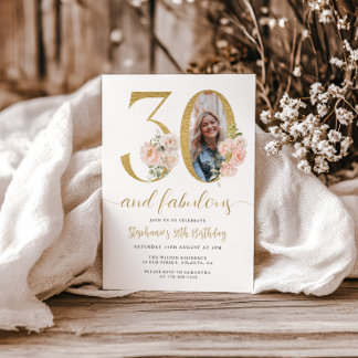Blush Pink Floral Photo 30th Birthday Invitation