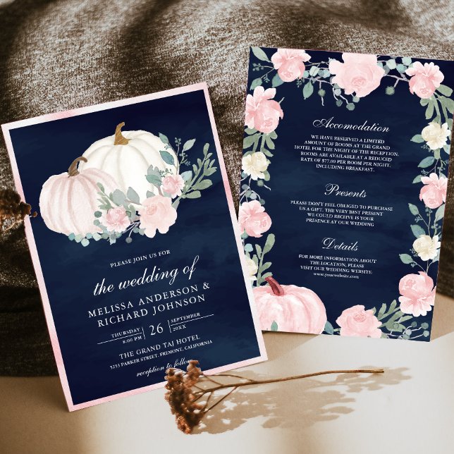 Blush Pink Floral Pumpkin All in One Navy Hochzeit Einladung (Von Creator hochgeladen)