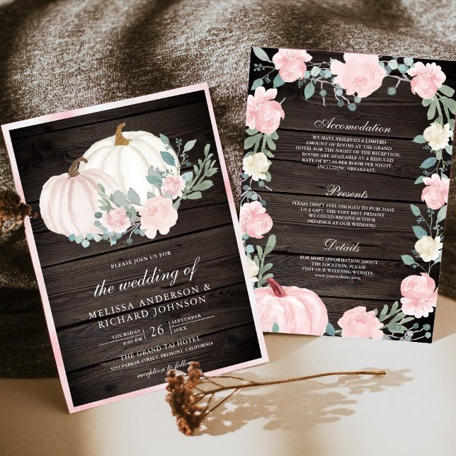 Blush Pink Floral Pumpkin All in One Wood Wedding Einladung (Von Creator hochgeladen)