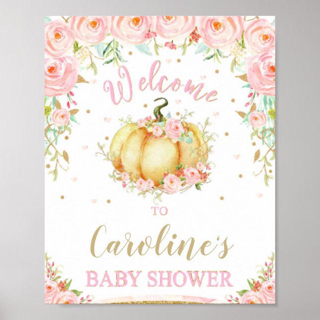 Blush Pink Floral Pumpkin Baby Dusche Begrüßungsze Poster (Vorne)