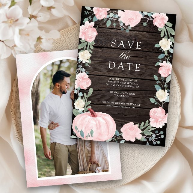 Blush Pink Floral Pumpkin Barn Wood Foto Hochzeit Save The Date (Von Creator hochgeladen)
