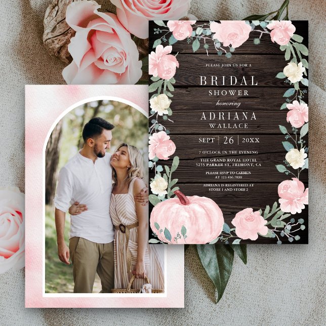 Blush Pink Floral Pumpkin Foto Wood Brautparty Einladung (Von Creator hochgeladen)