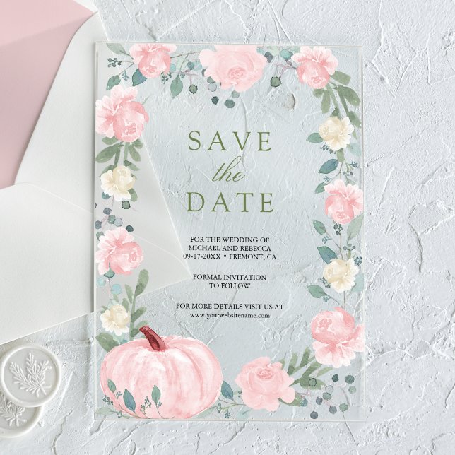 Blush Pink Floral Pumpkin Hochzeit Save the Date Acryleinladungen (Von Creator hochgeladen)