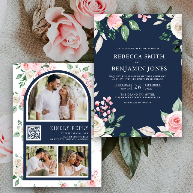 Blush Pink Floral QR Code Navy Blue Wedding Einladung (Von Creator hochgeladen)