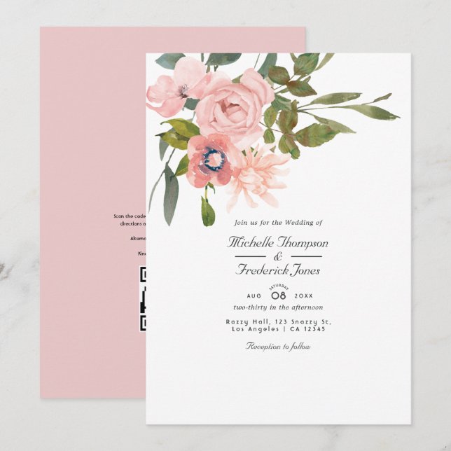 Blush Pink Floral QR Code UAWG Wedding Einladung (Vorne/Hinten)