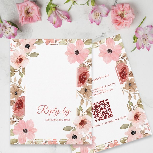 Blush Pink Floral QR Code Wedding Reply By RSVP Karte (Blush Pink Floral QR Code Wedding Reply By RSVP Card)
