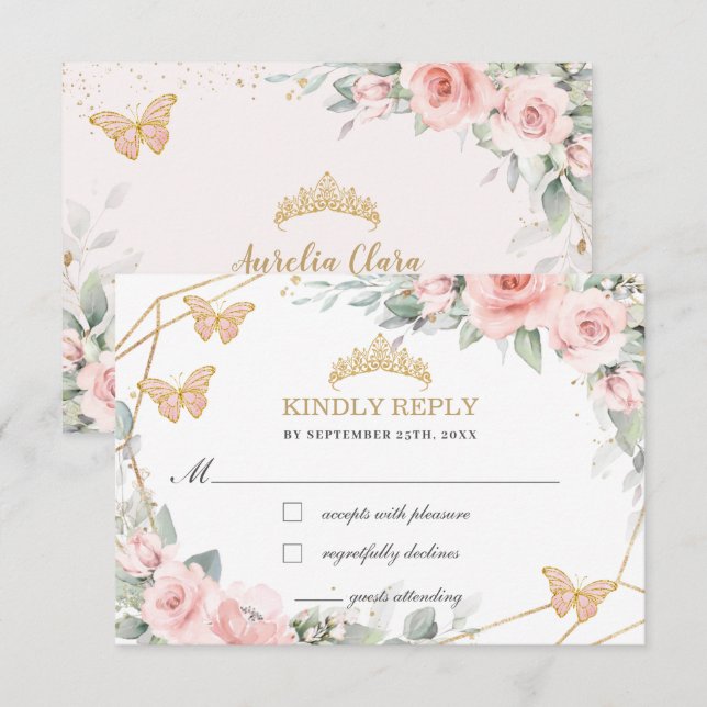 Blush Pink Floral Quinceañera Butterflies Antwort (Vorne/Hinten)