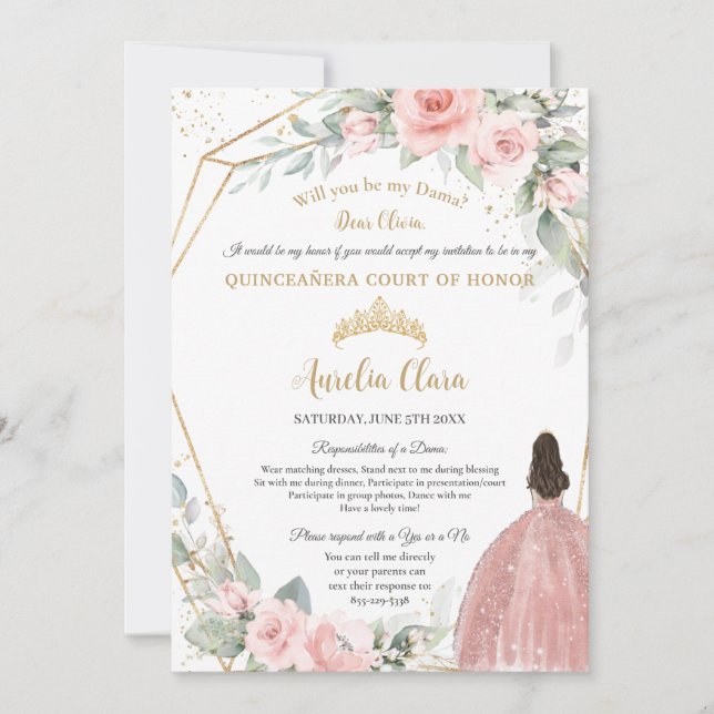 Blush Pink Floral Quinceañera Dama Vorschlag Einladung (Vorderseite)