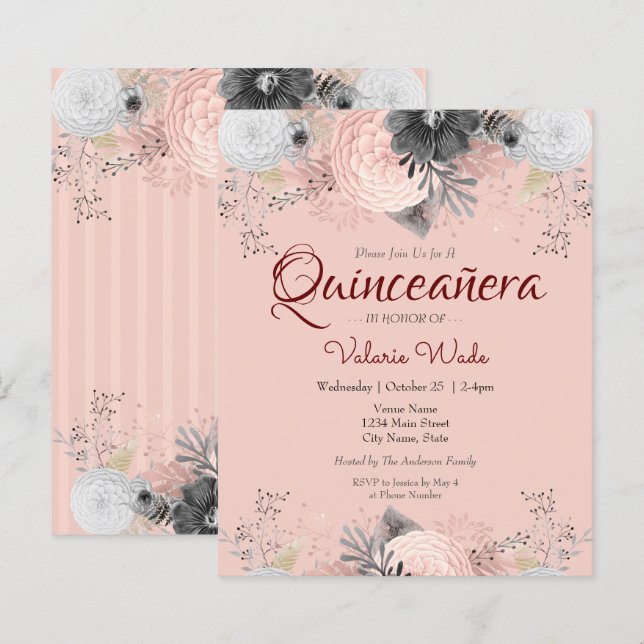 Blush Pink Floral Quinceanera Haushalt Einladungen (Vorne/Hinten)