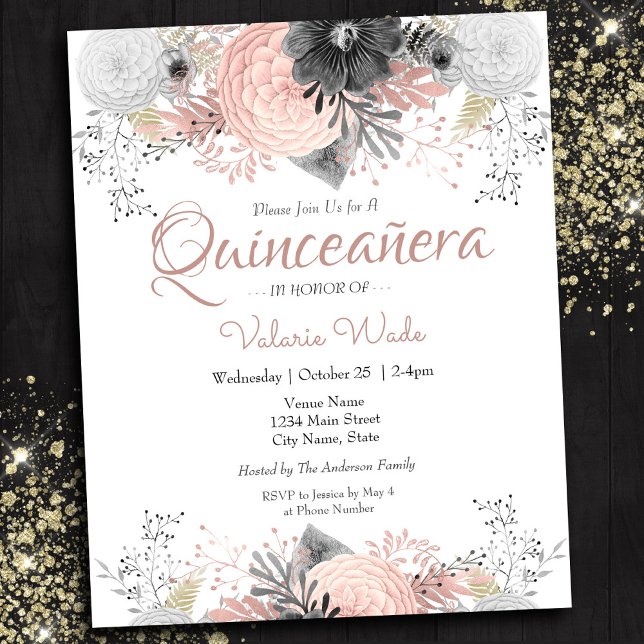 Blush Pink Floral Quinceanera Haushalt Einladungen (Von Creator hochgeladen)