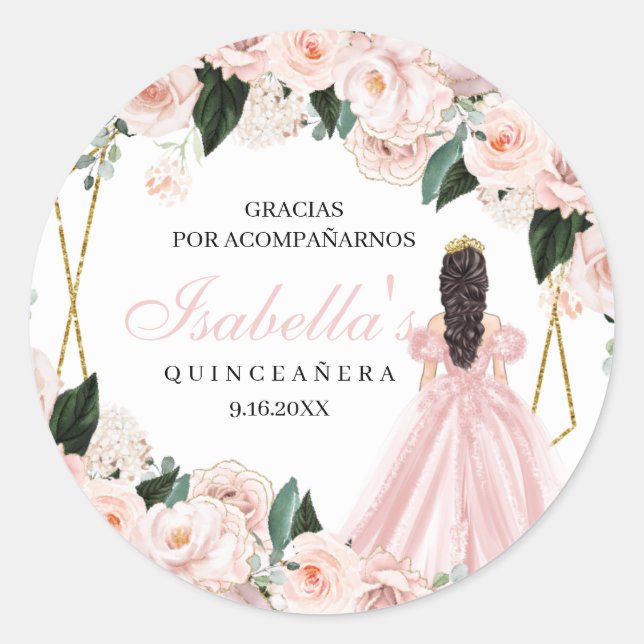 Blush Pink Floral Quinceanera Round Stickers (Vorderseite)