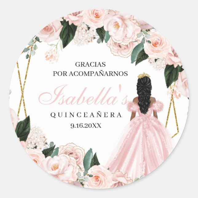 Blush Pink Floral Quinceanera Round Stickers (Vorderseite)