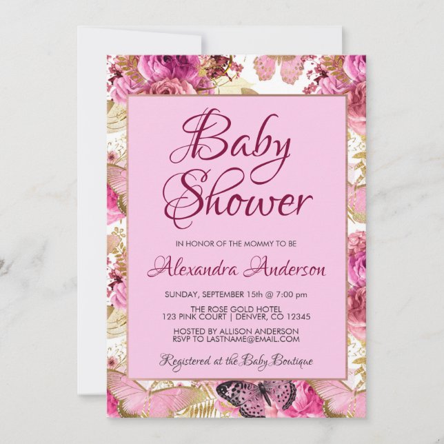 Blush Pink Floral Rose Babydusche Monogramm Einladung (Vorderseite)