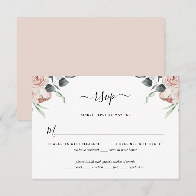 Blush Pink Floral Rose Hochzeit RSVP Card (Vorne/Hinten)