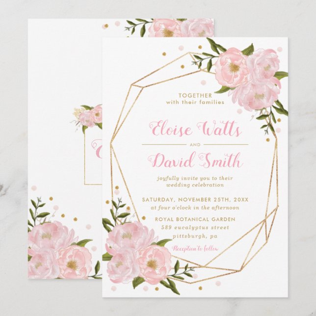 Blush Pink Floral Rose Peonies Geometric Wedding Einladung (Vorne/Hinten)