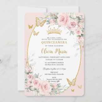 Blush Pink Floral Rose Schmetterlinge Quinceañera Einladung