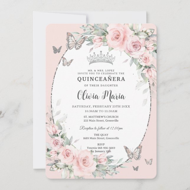 Blush Pink Floral Rose Schmetterlinge Quinceañera Einladung (Vorderseite)
