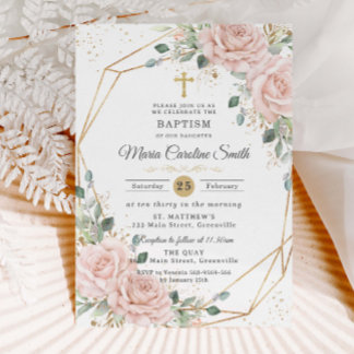 Blush Pink Floral Roses Gold Cross Baptism  Einladung