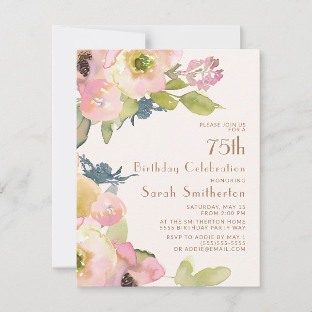 Blush Pink Floral Sage Green Blätter 75. Geburtsta Einladung (Vorderseite)