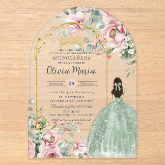 Blush Pink Floral Sage Green Quinceañera Sweet 16 Acryleinladungen