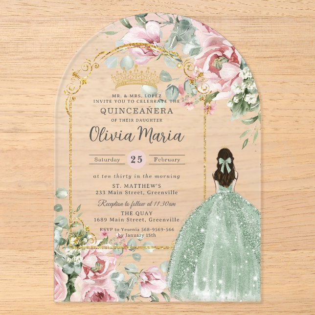 Blush Pink Floral Sage Green Quinceañera Sweet 16 Acryleinladungen (Vorderseite)