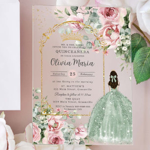 Blush Pink Floral Sage Green Quinceañera Sweet 16 Acryleinladungen