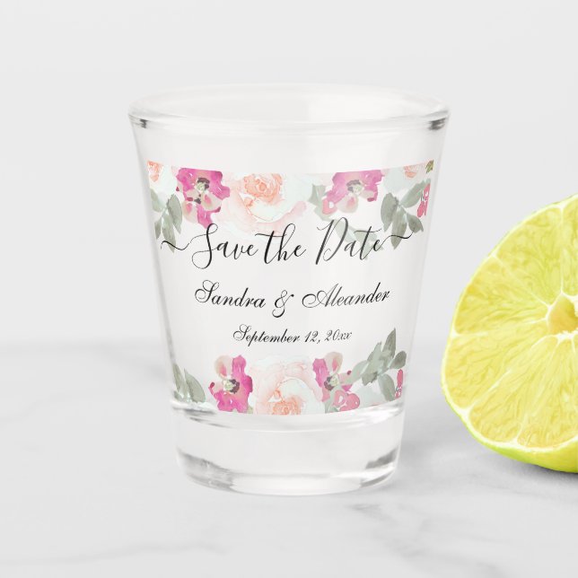 Blush Pink Floral Save the Date Hochzeit Schnapsglas (Vorderseite)