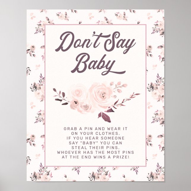Blush Pink Floral Say Baby Shower Game Sign Poster (Vorne)