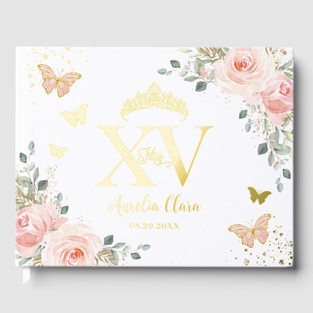 Blush Pink Floral Schmetterlinge Gold Quinceañera Gästebuch (Vorderseite)
