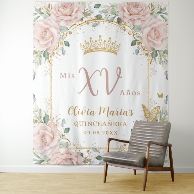Blush Pink Floral Schmetterlinge Gold Quinceañera Wandteppich (Beispiel)