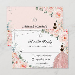 Blush Pink Floral Silver Bat Mitzvah Girl Dress RSVP Karte