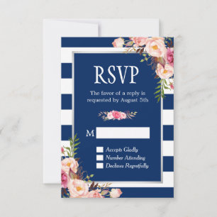 Blush Pink Floral Silver Navy Blue Streifen Hochze RSVP Karte