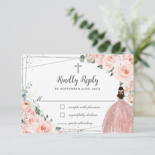 Blush Pink Floral Silver Taufe Christening Girl RSVP Karte (Stehend Vorderseite)