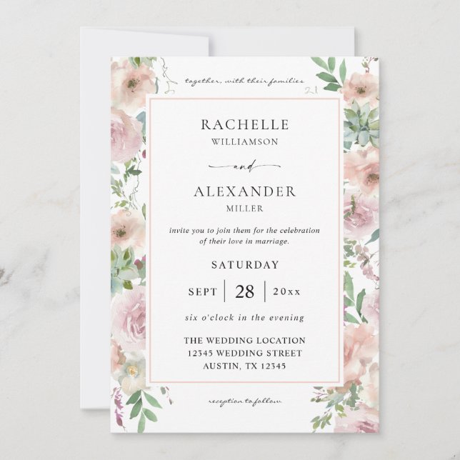 Blush Pink Floral & Sukkulent 2 Hochzeit Einladung (Vorderseite)