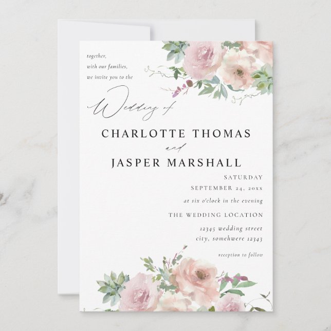 Blush Pink Floral & Sukkulente Hochzeit Einladung (Vorderseite)