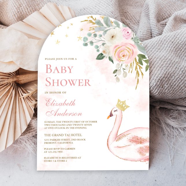 Blush Pink Floral Swan Princess Arch Baby Dusche Einladung (Von Creator hochgeladen)