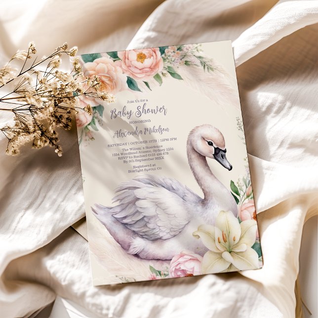 Blush Pink Floral Swan Princess Baby Dusche Einladung (Von Creator hochgeladen)