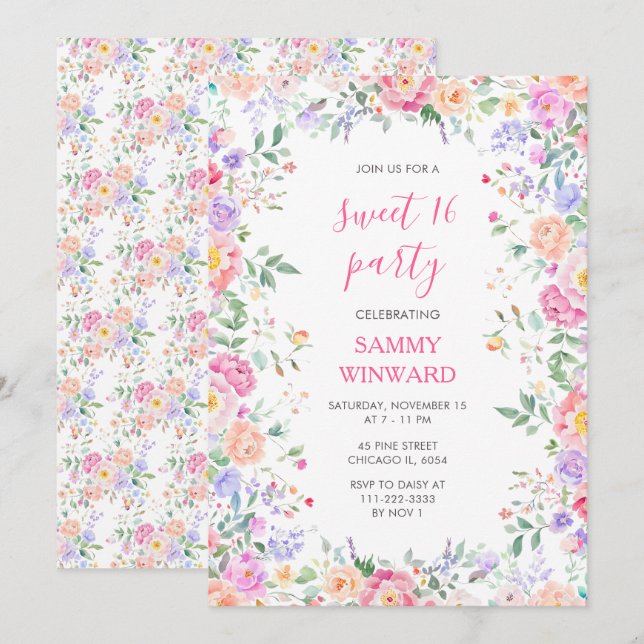 Blush Pink Floral Sweet 16 Wildflower Party Einladung (Vorne/Hinten)