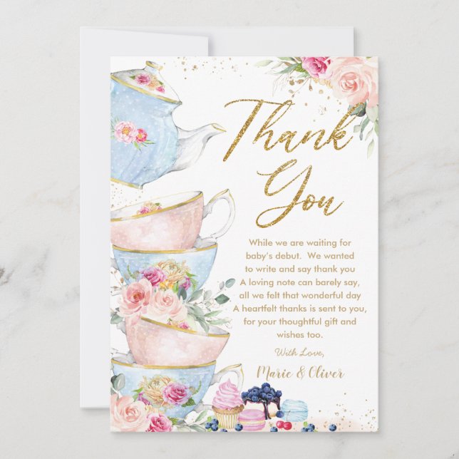 Blush Pink Floral Tee Party Baby Brautparty Dankeskarte (Vorderseite)