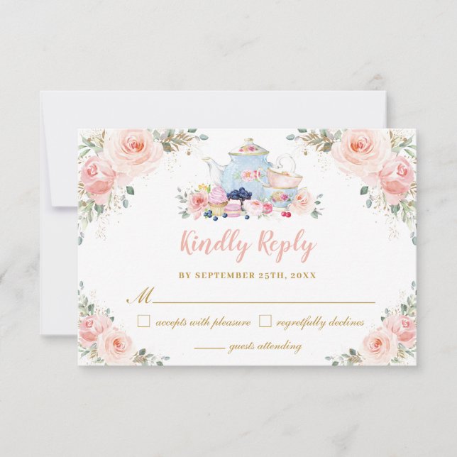 Blush Pink Floral Tee Party Baby Brautparty RSVP Karte (Vorderseite)