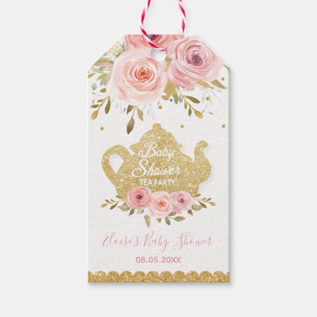 Blush Pink Floral Tee Party Baby Dusche Gefallen Geschenkanhänger (Vorderseite)