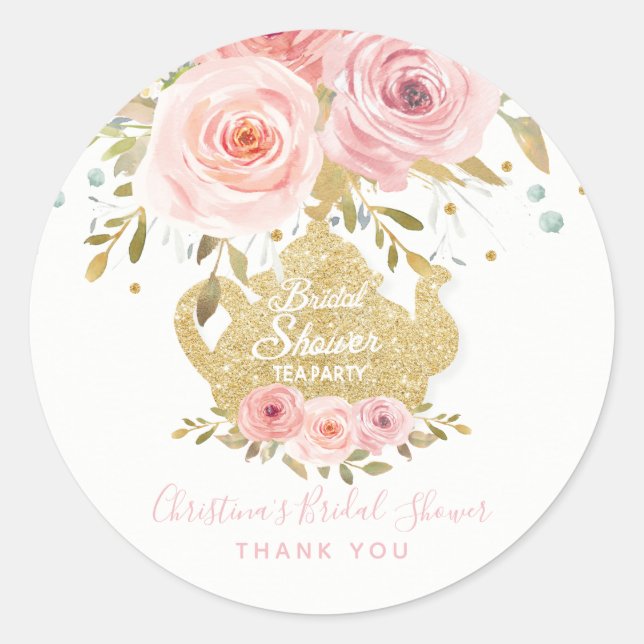 Blush Pink Floral Tee Party Brautparty Gefallen Runder Aufkleber (Vorderseite)
