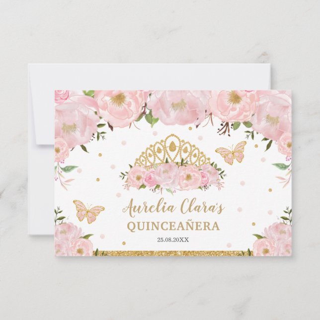 Blush Pink Floral Tiara Quinceañera Butterfliegen RSVP Karte (Rückseite)