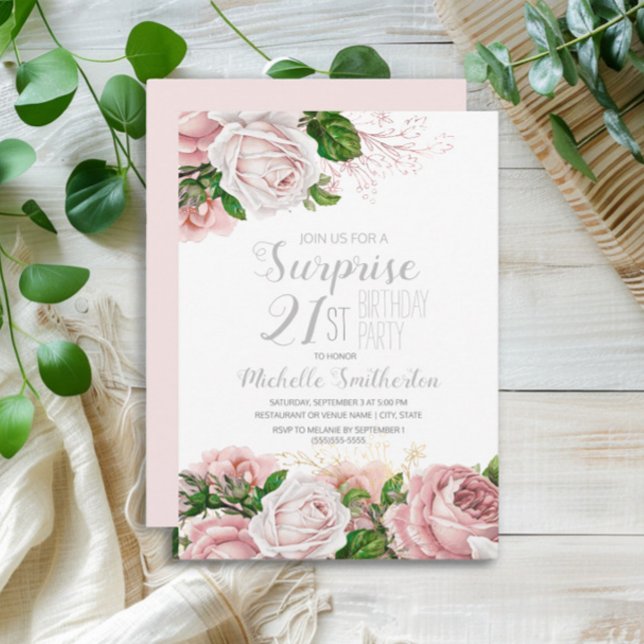 Blush Pink Floral Überraschung 21. Geburtstag Einladung (Elegant pink vintage watercolor flowers surprise 21st birthday party invitation)