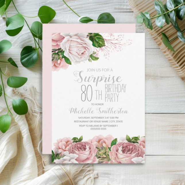 Blush Pink Floral Überraschung 80. Geburtstag Einladung (Blush pink vintage floral surprise 80th birthday party invitation)