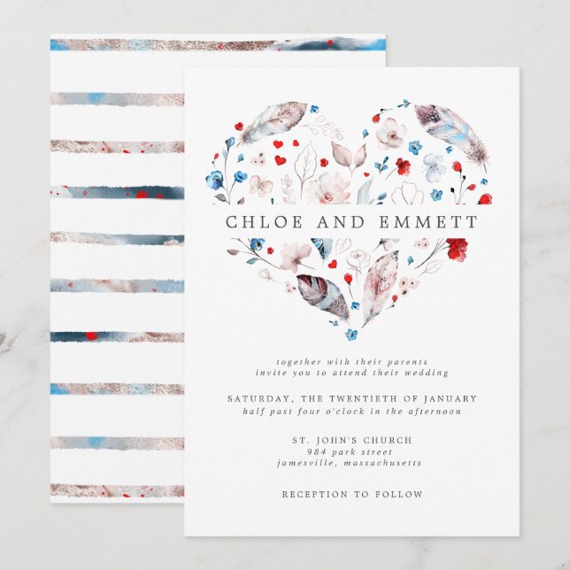 Blush Pink Floral und Feather Boho Heart Wedding Einladung (Vorne/Hinten)