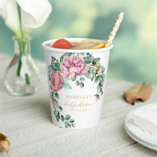 Blush Pink Floral und Gold Greenery Baby Shower Pa Pappbecher