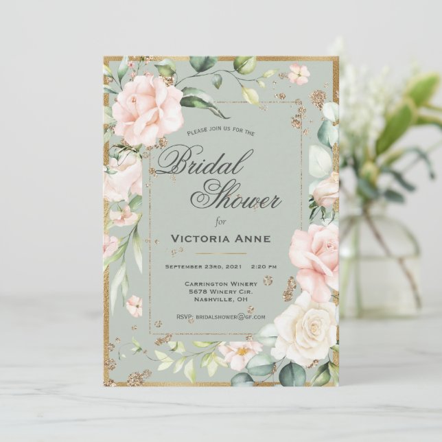 Blush Pink Floral Wasserfarbe Hübsches Brautparty Einladung (Stehend Vorderseite)